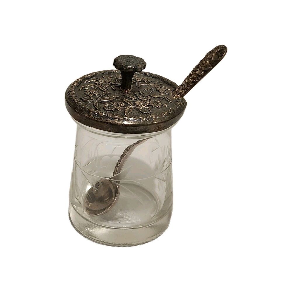 S. Kirk & Son Sterling Silver Floral Repousse Etched Jelly Jar & Original Spoon